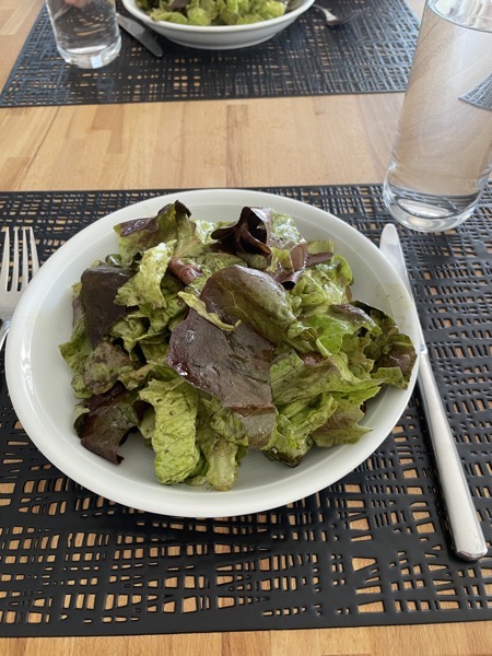 a plate of Romana salad with dressing and a glass of water