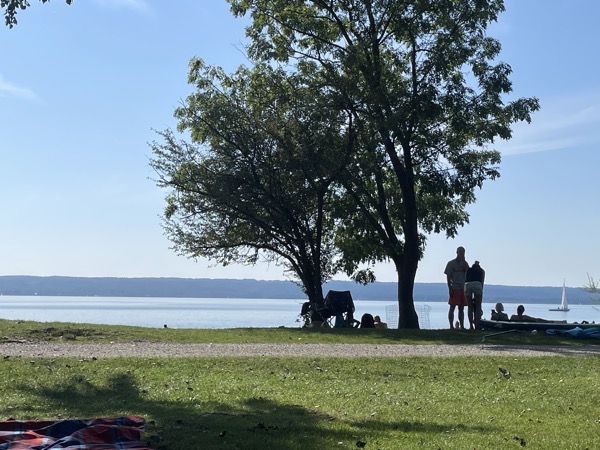 lake Ammersee with a tree and grass in front of it and some silhouetted people