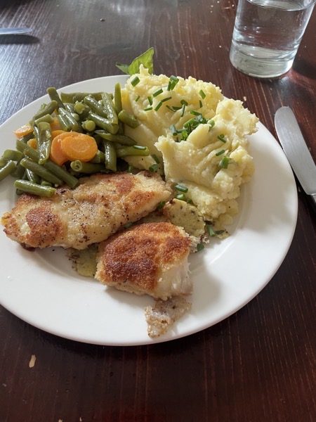 bread-freid fish, mashed potatoes, green beans and carrots