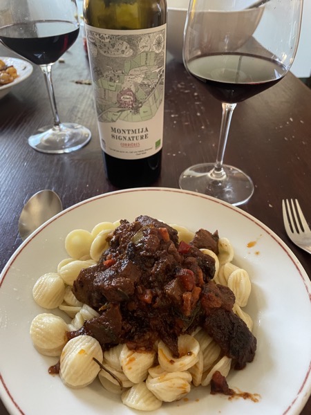 a plate of orecchiette with goulash and a really nice glass of wine