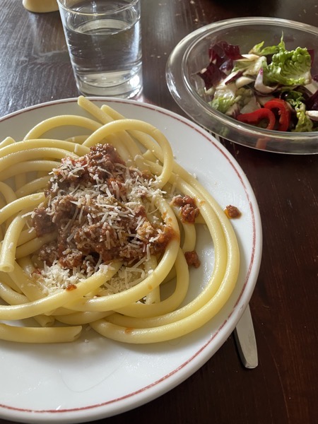 pasta that looks like fat macaroni with bolognese sauce and grated parmesan, a glass bowl with mixed salad and a glass of water