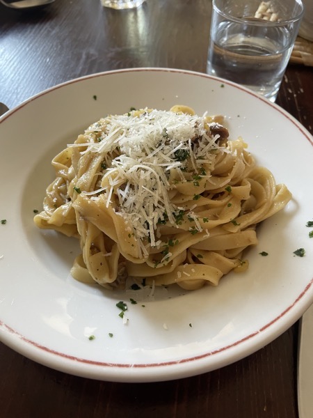 tagliatelle with porcini, grated cheese and parsley with a glass of water on the side