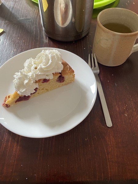 a white plate with a piece of cake with cherries topped with whipped cream and a mug of herbal tea on the side
